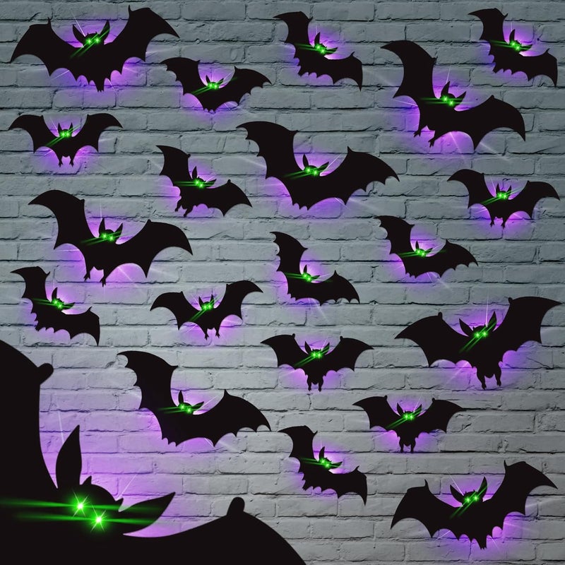 sewrung 24 Pack Halloween Bats Decorations Wall Stickers with Glow in Dark Eye, 4 Different Style Removable PVC Wall Bats Sticker for Indoor Outdoor Home Window Garage Decor Party Supplies - Image 1